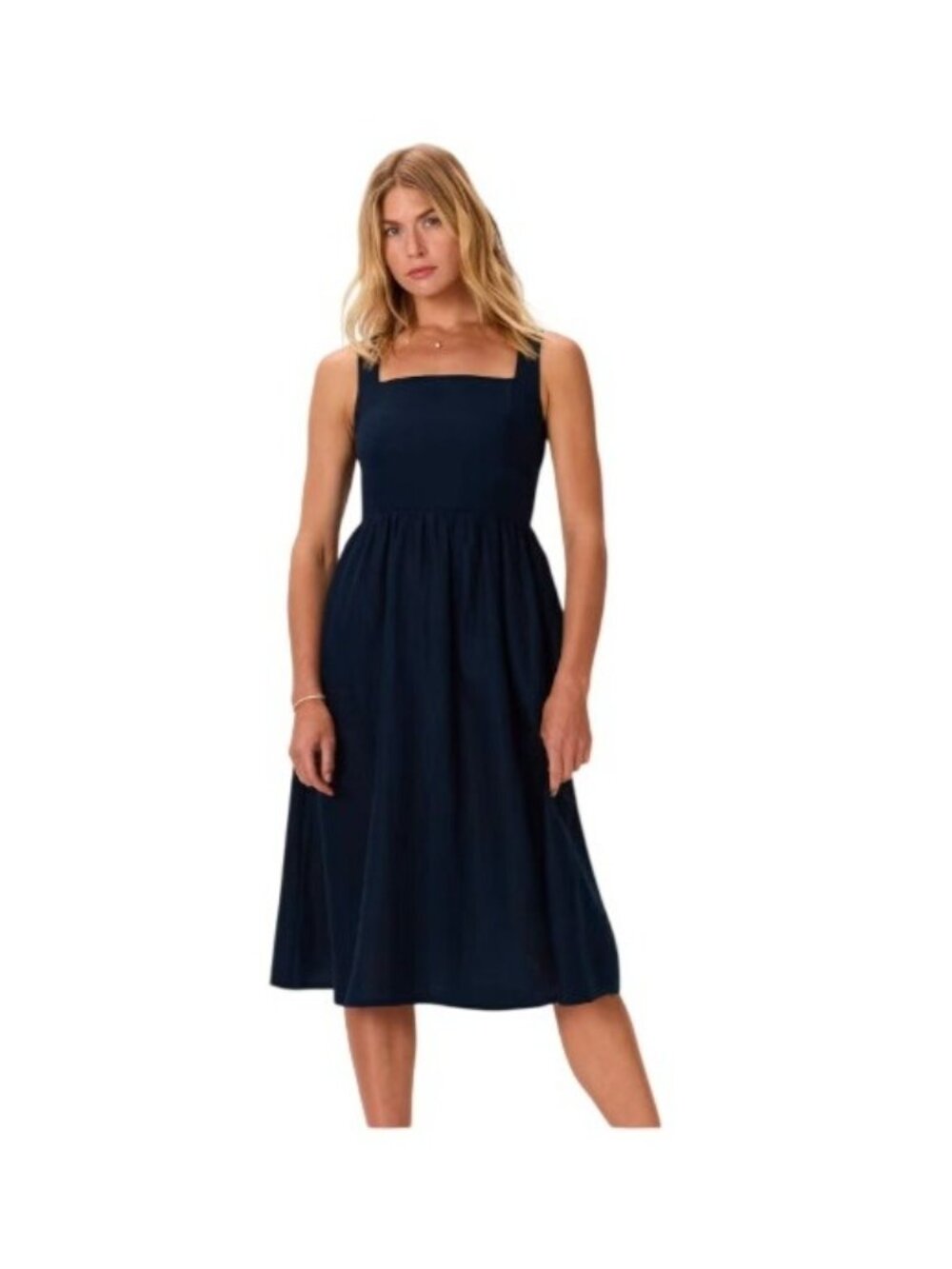 Quince 100% European Linen Fit & Flare Midi Dress Womens L Deep Navy Square Neck